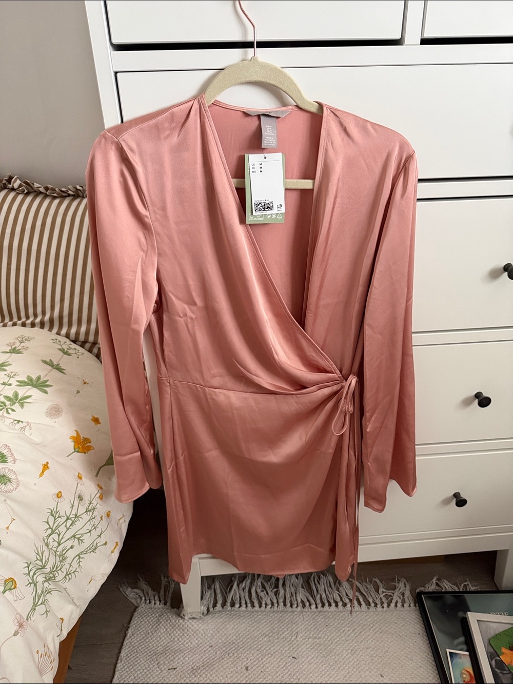 H&M Satin Wrap Mini Dress in Dusty Rose